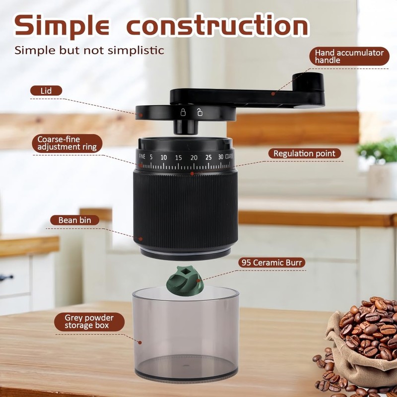 Manual Coffee Grinder - 95 Ceramic Burr, Adjustable Coarse to