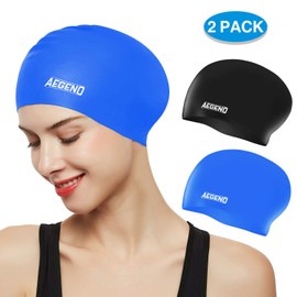 Aegend Swim Caps for Long Hair (2 Pack), Durable Silicone Swimming Caps with Spacious Space for Women Men Adults, Easy to Put On and Off, Black Blue