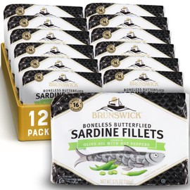 Brunswick Sardines in Olive Oil with Hot Peppers, 3.75 oz Can (Pack of 12) - Boneless Butterflied Sardine Fillets - Wild Caught - 16g Protein per Serving - Gluten Free, Keto Friendly