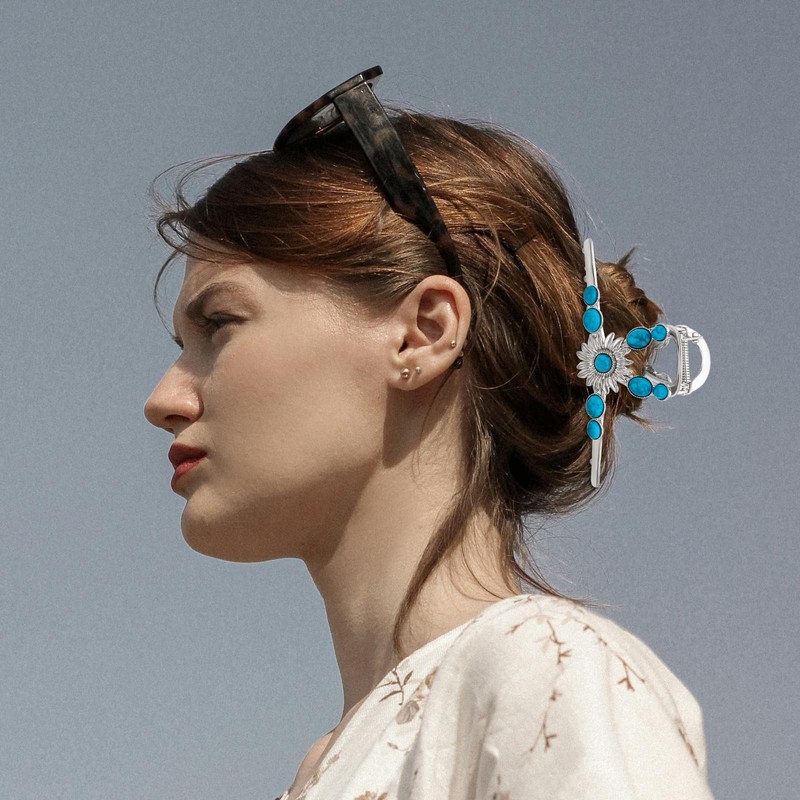 2Pcs Turquoise Hair Claw Clips Large Sun Flower Five-petal Flower