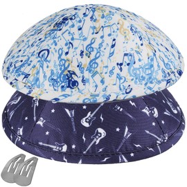Zion Judaica Musical Notes and Guitars Kippah Set Adult and Kids 6" Yamaka Music Lovers Unique Jewish Skullcap Trendy Kippot for Bar/Bat Mitzvah Wedding Chuppah Musician Instrument Yarmulke w/Clip