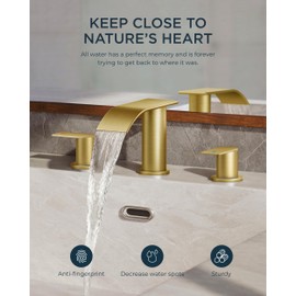 FORIOUS Brushed Gold Bathroom Faucets, Waterfall Gold Bathroom Faucets 3 Hole, 8 Inch Widespread Bathroom Sink Faucet with Pop-up Drain, 2 Handle Faucet for 6''-12'' Bathroom Sink Vanity