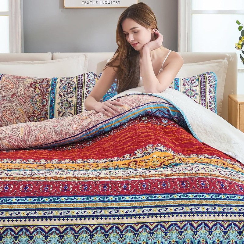 WONGS BEDDING Bohemian Quilt Set Queen Size, Boho Striped Pattern
