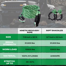 AUSUM MOTOR 7/8'' x 30ft Kinetic Recovery Rope Kit (Reflective), 31,500 lb Break Strength, with 2 UHMWPE Soft Shackles, Heavy-Duty Offroad Recovery Kit for Trucks, SUVs, Jeeps, UTVs, ATVs (Green)