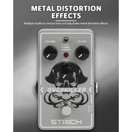 STRICH OVERKILLER Metal Distortion Pedal for Electric Guitar, Compact Mini Unit, True Bypass, 3 Control Knobs, Volume, Filter, Distribution, Three Modes, Solo, Turbo, Normal, 9V DC, Grey White