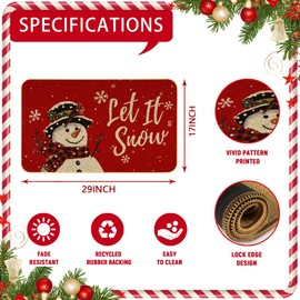 JYKCUL Snowman Let it Snow Christmas Doormat,Snowflakes Winte Xmas Decorative Doot Mat Non-Slip Low-Profile Indoor Outdoor Welcome Mat Washable Winter Holiday Doormat 17" x 29"
