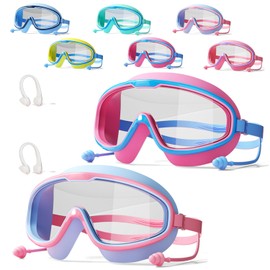 Kids Swim Goggles HD Children's Large Frame Waterproof and Anti-fog Swimming Goggles with Nose Cover Swim Dive and Splash(Blue Pink+Pink Blue)