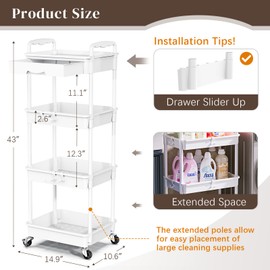 EaseSky 4 Tier Rolling Utility Cart with Drawer, Utility Storage Organizer with Plastic Shelf & Lockable Wheels Multifunctional Storage Cart for Kitchen, Bathroom, Office, Living Room, White