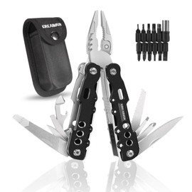 KIRKJUBØUR® "Hödur" 14-in-1 Stainless Steel Multifunction Tool - Includes 11-in-1 Screwdriver/Socket Bit Set - Lightweight, Durable, Ideal for Outdoor Activities (Black)