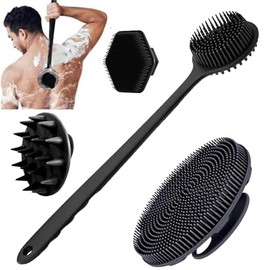 Juego de 4 Cepillos de Silicona para Cuerpo, Incluye Cepillo de Mango Largo para Espalda, Cepillo de Baño Corto, Cepillo para Cabello y Cepillo Facial