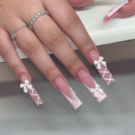 French Tip Press On Nails Long Square Coffin Fake Nails With Pink Striped Bow Design Glossy Acrylic False Nails Glue on Nails Full Cover Thick Stick on Nails for Women Girls 24Pcs XH-91-22