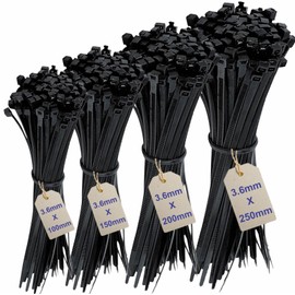 200Pcs Cable Ties Assortment - Black Zip Ties Set with 4 Sizes (100/150/200/250mm) x 3.6mm Thickness Heavy Duty Nylon Cable Ties for Wire Management, Black Cable Ties Heavy Duty Zip Ties