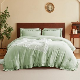 MR&HM Cal King Ruffle Comforter Set, Light Green 7 Pieces Bed in a Bag Set, Vintage Farmhouse Shabby Chic Bedding Set with Comforter, Flat Sheet, Fitted Sheet, Pillowcases & Shams for All Seasons