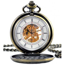 Infinite U Dual Time Display Hollow Skeleton Unisex Pendant Necklace Steel Mechanical Pocket Watch -Bronze