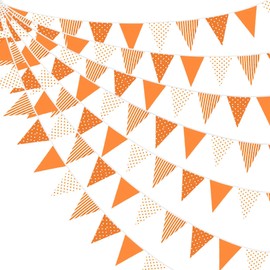 32 ft Bunting Outdoor Orange Stripe Dot Triangle Flag Fabric Autumn Banner Bunting Garland for Autumn Decoration Wedding Birthday Party Thanksgiving Day Home Nursery Outdoor Garden Decoration