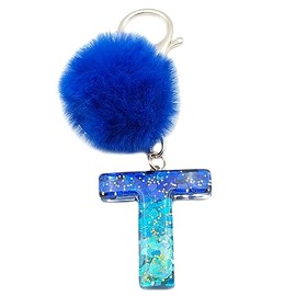 Xsclpomddy Initial Letter Resin Alphabet Key Rings with Fur Ball Pom pom keychains for Wallet Backpack Handbags Women Girls,T