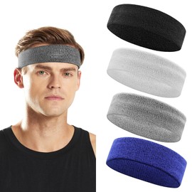 BIDEX 4 Pack Sweatbands for Men & Women, Cotton Terry Headbands for Sports, Gym, Running, Basketball, and Workouts
