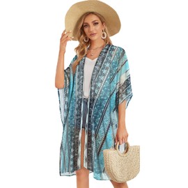 Women Open Front Kimono Cardigans Summer Tops Beach Swimwear Cover Up (Blue Stripe Print, L)