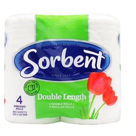 Sorbent Double Length 3 Ply Toilet Tissue (Pack of 4)