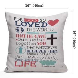 Nphuriy Golden Bible Verse Throw Pillow Cover,Lettering with Heart Cross Christian Biblical John 3:16 for God So Loved The World Decorative Pillow Cases Cushion Cover for Sofa Couch 16x16 inch