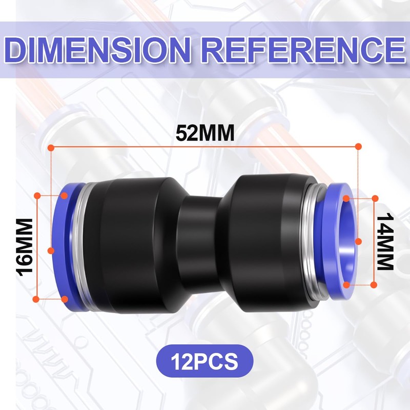 Bwintech 12 Pcs 14mm to 16mm Pneumatic Straight Reducing Push