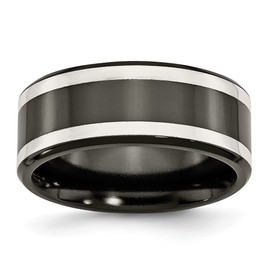 Auriga Fine Jewelry Black Titanium with Sterling Silver 9mm Inlay Polished Flat Wedding Band Ring Size 9