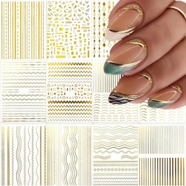 12 Sheets Gold Nail Art Stickers 3D Self Adhesive Line Nail Decals French Tip Nail Design Stickers Gold Wave Stripe Nail Art Supplies Decorations DIY Manicure Accessories for Women and Girls