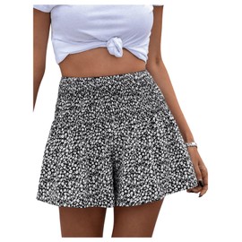 GORGLITTER Women's Floral High Elastic Waist Wide Leg Shorts Smocked Loose Boho Vacation Shorts Black Large