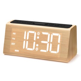 Wooden Digital Alarm Clock for Bedroom,Electric Desk Clock with USB Port, Loud Alarm for Heavy Sleepers, Adjustable Volume & Dimmer, Snooze, DST, RGB Feature, Wood Decor (Bamboo - RGB Digits)