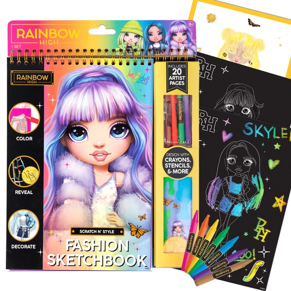 Horizon Group USA Rainbow High Scratch ‘n Style Fashion Sketchbook, Scratch Art, Coloring Book, Includes Stencils, Crayons, Scratch Art Stickers & More,Multi,210933