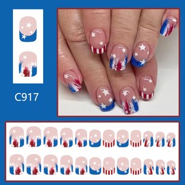 4th of July Press on Nails French Tip Fake Nails Independence Day Short Square with Patriotic Stars and Red White Blue Stripes Design Full Cover False Nails for Women Manicure Decoration