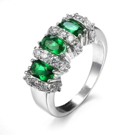 925 Sterling Silver Fashion Natural Emerald Sapphire Ring Oval Perfect Cut 3-Stone Rainbow Cubic Zirconia Rings CZ Classical Eternity Engagement Wedding Band Ring for Women (Emerald, US Code 7)
