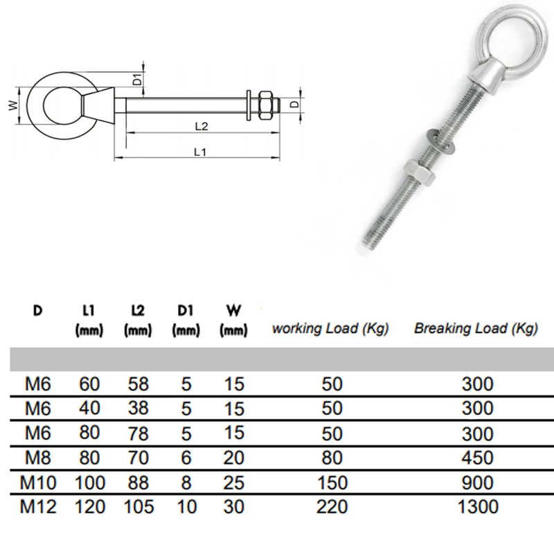 M8 x 80mm Lifting Long Eye Bolt Longshank with Full