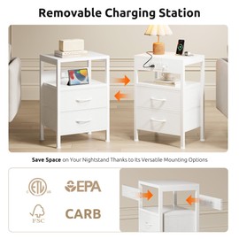 NightStand Bedside Charging Table Bedroom - Night Stand with Charger Station, White Modern Bed Side End Table with Open Shelf & 2 Fabric Drawers, USB-C USB Ports & AC Outlets for Dorm, Living Room