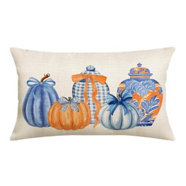 MIGEEN Fall Pumpkin Throw Pillow Cover 12x20 Inch Orange Blue Pumpkin Leaves Outdoor Farmhouse Chinoiserie Decorations Autumn Lumbar Decorative Throw Pillow Case for Home Living Room Couch Decor