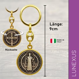 Lunexus Benedict Keyring - Blessed - St. Benedict Medal with Embossing and Double-Sided Design - Gift with Velvet Bag - Protective Symbol for Car, Home & Travel - Gold & Colourful, Gold / grey, Unit