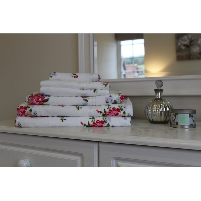 SHL White/Pink Rose Floral Printed 100% Cotton Towel 400 Gsm