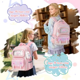 Amythe School Bag Girls School Bag for Girls 2nd - 5th Grade Casual Kids Backpack School with Cute Pendant School Backpack for Girls Aged 8 to 14 Years, pink