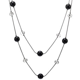 COOLSTEELANDBEYOND Black Statement Necklace Two-Strand Long Chains with Transparent Crystal Beads Charms, Fashionable