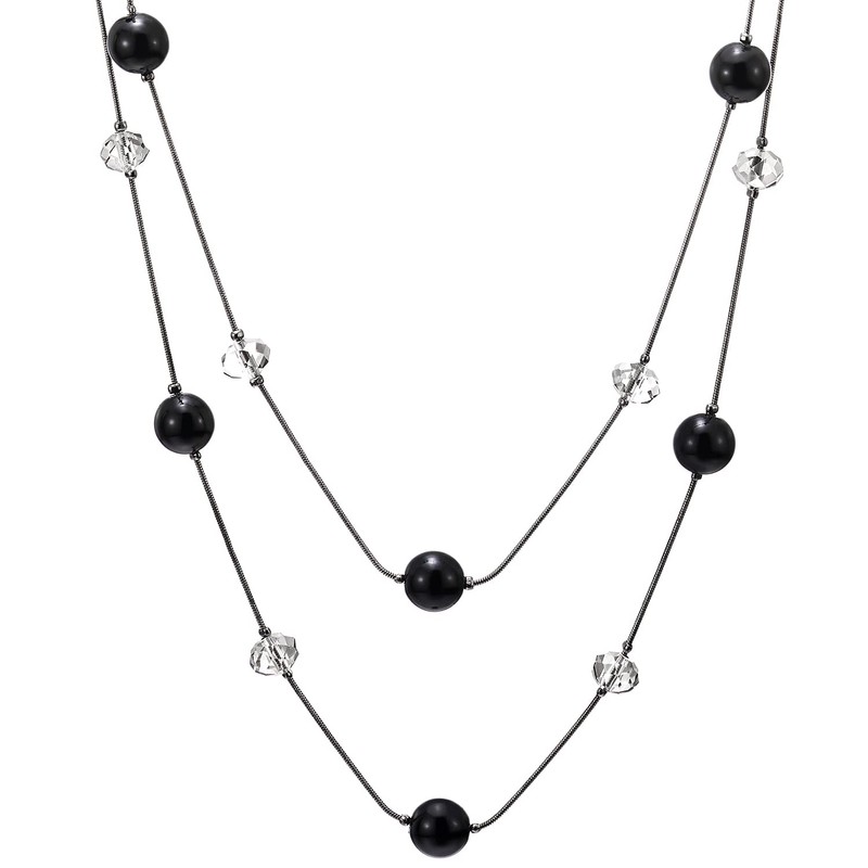 COOLSTEELANDBEYOND Black Statement Necklace Two-Strand Long Chains with Transparent Crystal