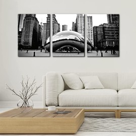 3 Pieces Black and White Wall Art - The Millennium Park in Downtown Chicago Photograph Picture Print on Canvas - Cloud Gate Canvas Wall Art for Modern Home Decor Ready to Hang - 12" x 16" x 3