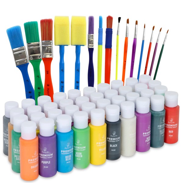 Kids Tempera Paint Set | Value Pack Includes 40 Washable Non-Toxic Colorful Paints (2oz bottles) & 15 Brushes | Metallic, Neon, Glow In The Dark, Glitter Paints | Hand, Finger Paints | Kids Paint For Arts & Crafts, Fun Projects
