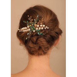 Denifery Emerald Hair Comb Emerald Headpiece Gold Emerald Hair Piece Green Hair Comb Emerald Hair Accessories for Women and Girls (Style 4)
