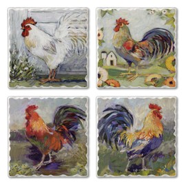 Thirstystone Meadowbrook Roosters 4-Pack Tumbled Tile Stone Coasters with Protective Cork Backing Manufactured in The USA