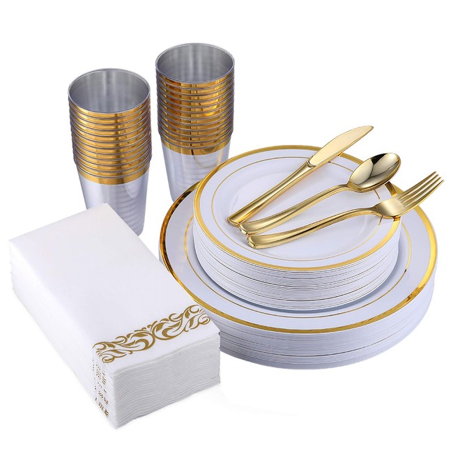 175 Piece Gold Dinnerware Set 25 Guest-50 Gold Rim Plastic Plates-25 Gold Plastic Silverware-25 Gold Plastic Cups-25 Linen Like Gold Paper Napkins, FOCUS LINE Disposable Dinnerware Set