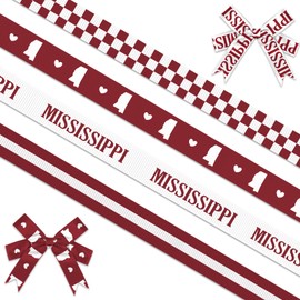 Threetols 4 Rolls 20 Yards Mississippi Ribbons, 3/8" Red White Stripe Grosgrain Ribbon with Mississippi Flag, State Outline and Check Pattern for Wrapping DIY Crafts and State Theme Party Decoration