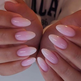 RikView Pink Press on Nails Medium Fake Nails Almond Nails with Gradient Design Glossy Full Cover Nails for Women 24 PCs/Set