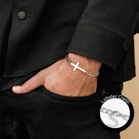 Ailetop Silver Cross Bracelets for Men, Stainless Steel Cross Bracelets for Men Adjustable Bracelet for Men Mens Silver Cross Bracelet Jewelry, 7 Inch, Stainless Steel, no gemstone