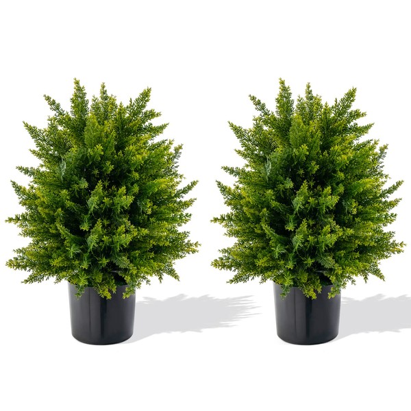 Goplus 21.5” Artificial Cedar Topiary Ball Tree, Set of 2 Faux Potted Plants Artificial Shrubs Bushes with Cement Pot, Fake Evergreen Artificial Topiary for Indoor Outdoor Home Front Porch Decor
