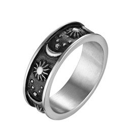 HZMAN 8mm Moon Star Sun Statement Ring Stainless Steel Boho Jewelry for Women Men (Silver, 5)